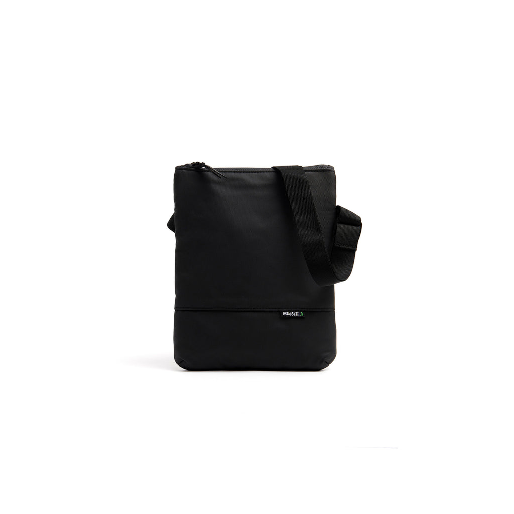 Mueslii crossbody, made of PU coated waterproof nylon, color coal black, front view.