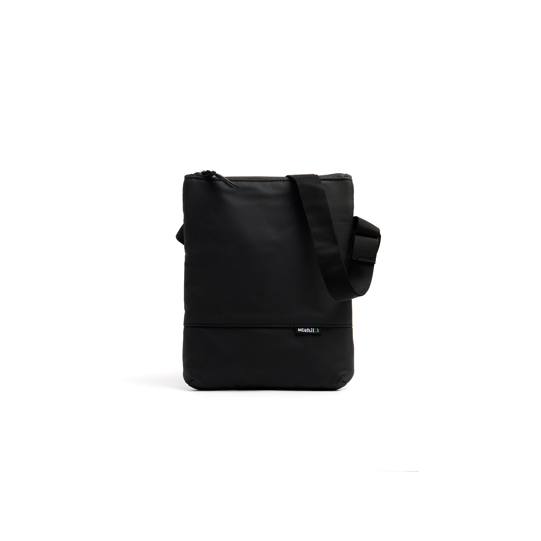 Mueslii crossbody, made of PU coated waterproof nylon, color coal black, front view.