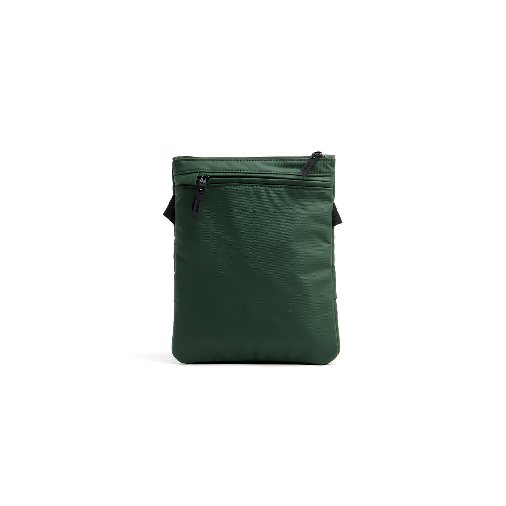 Mueslii crossbody, made of PU coated waterproof nylon. color olive green, back view.
