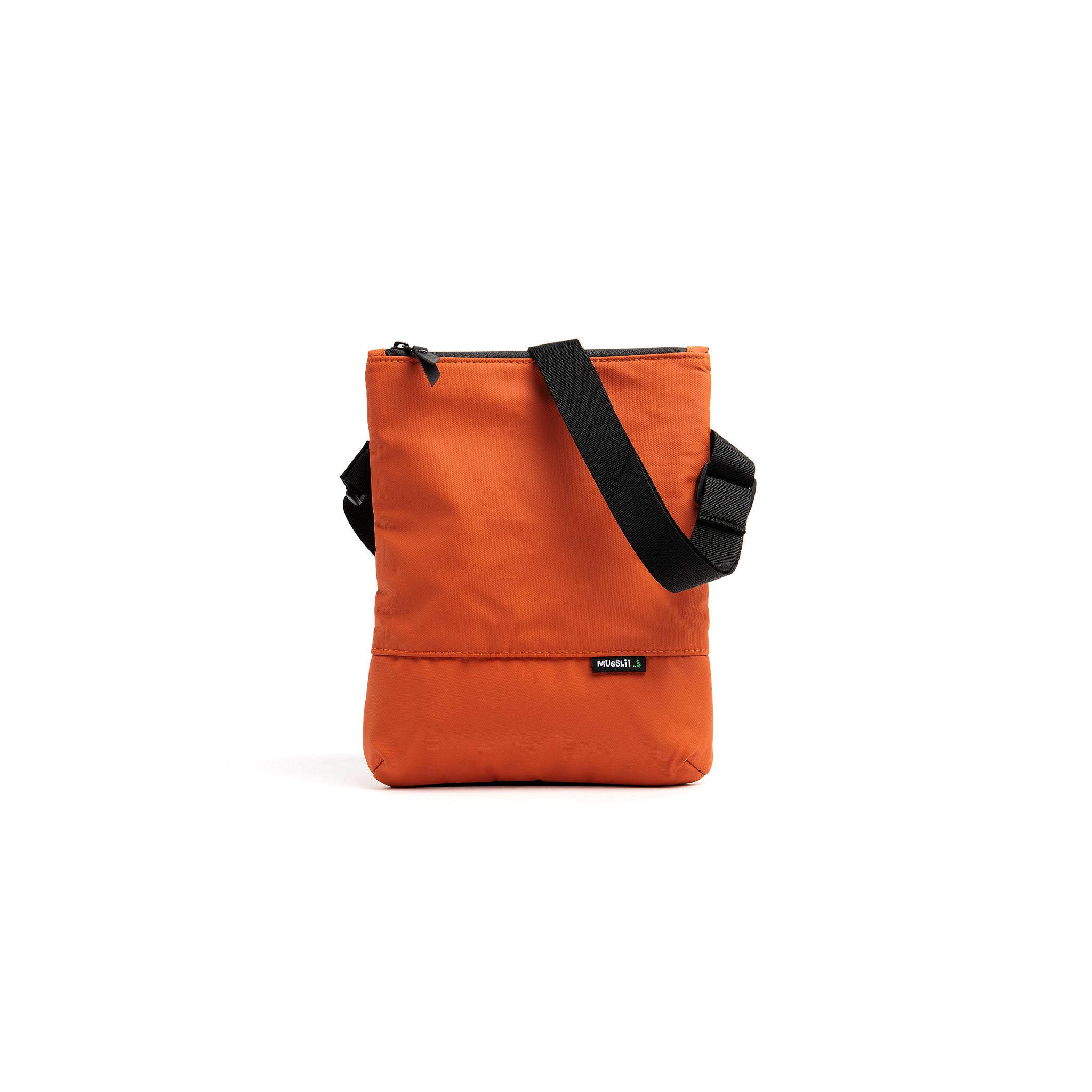 Mueslii crossbody, made of PU coated waterproof nylon, color burnt orange, front view.