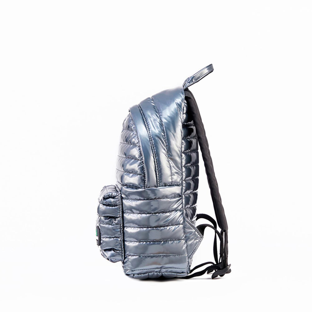 Mueslii original puffer medium and small backpack made of metal coated nylon and Ykk zips, color stone coal grey, side view.