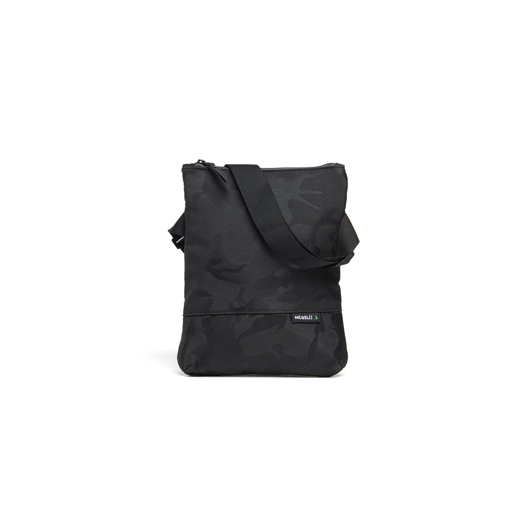 Mueslii crossbody,  made of jacquard  waterproof nylon, pattern camouflage, color black, front view.