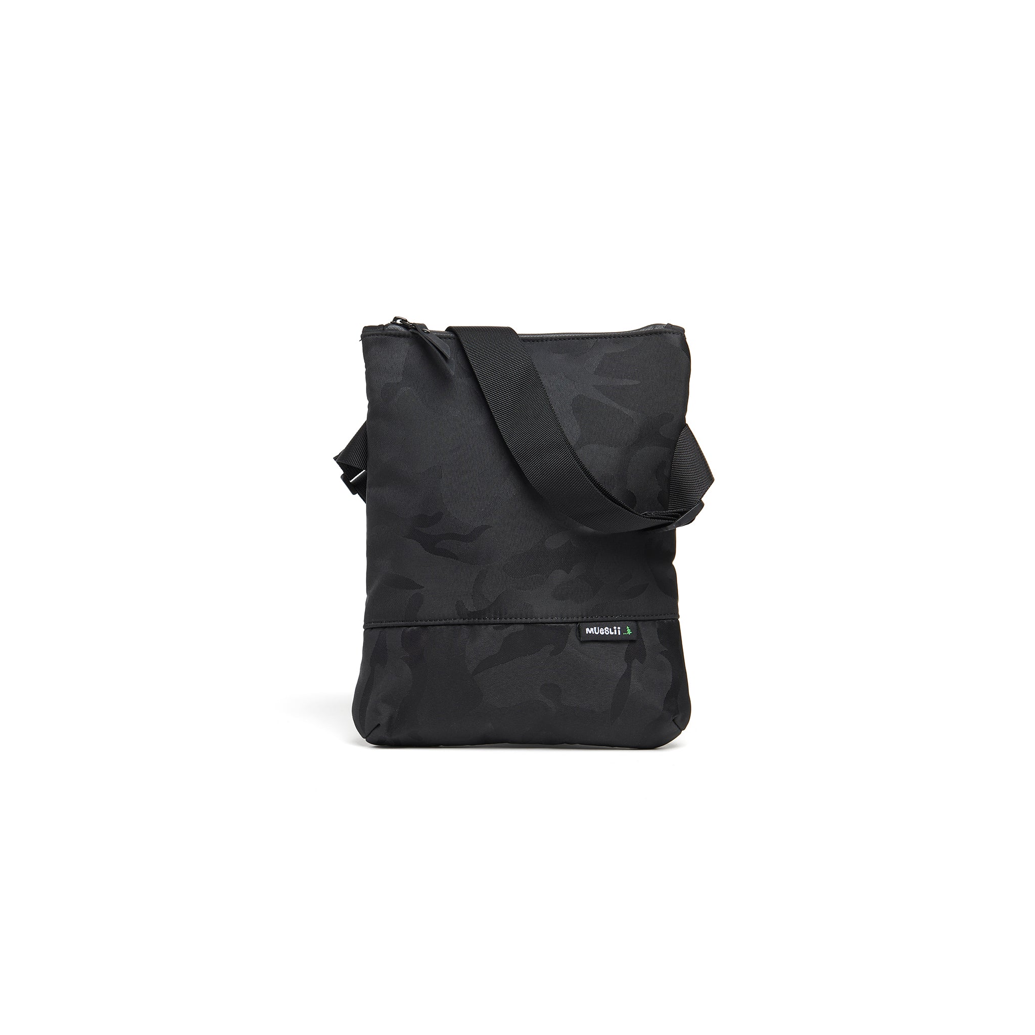 Mueslii crossbody,  made of jacquard  waterproof nylon, pattern camouflage, color black, front view.