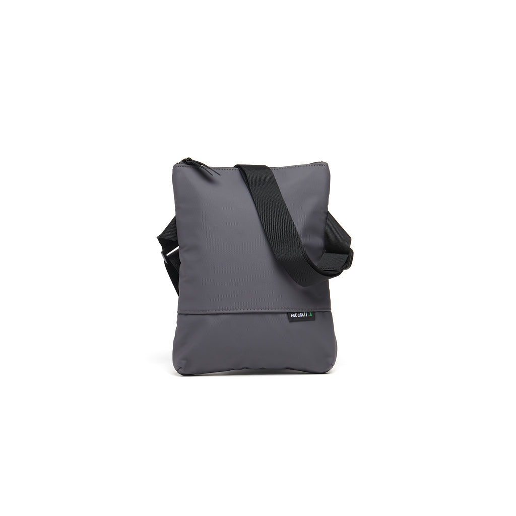 Mueslii crossbody, made of PU coated waterproof nylon, color slate grey, front view.