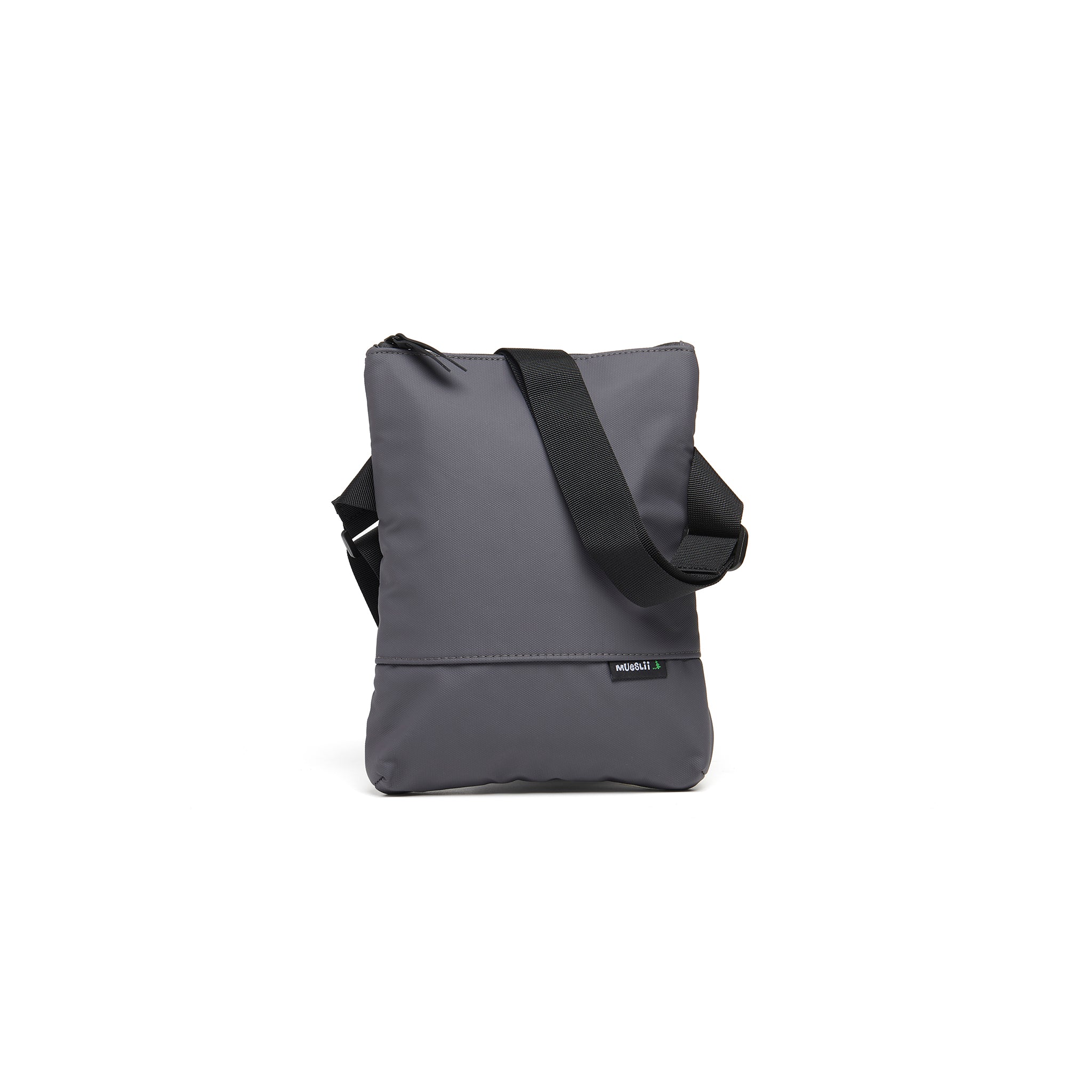 Mueslii crossbody, made of PU coated waterproof nylon, color slate grey, front view.