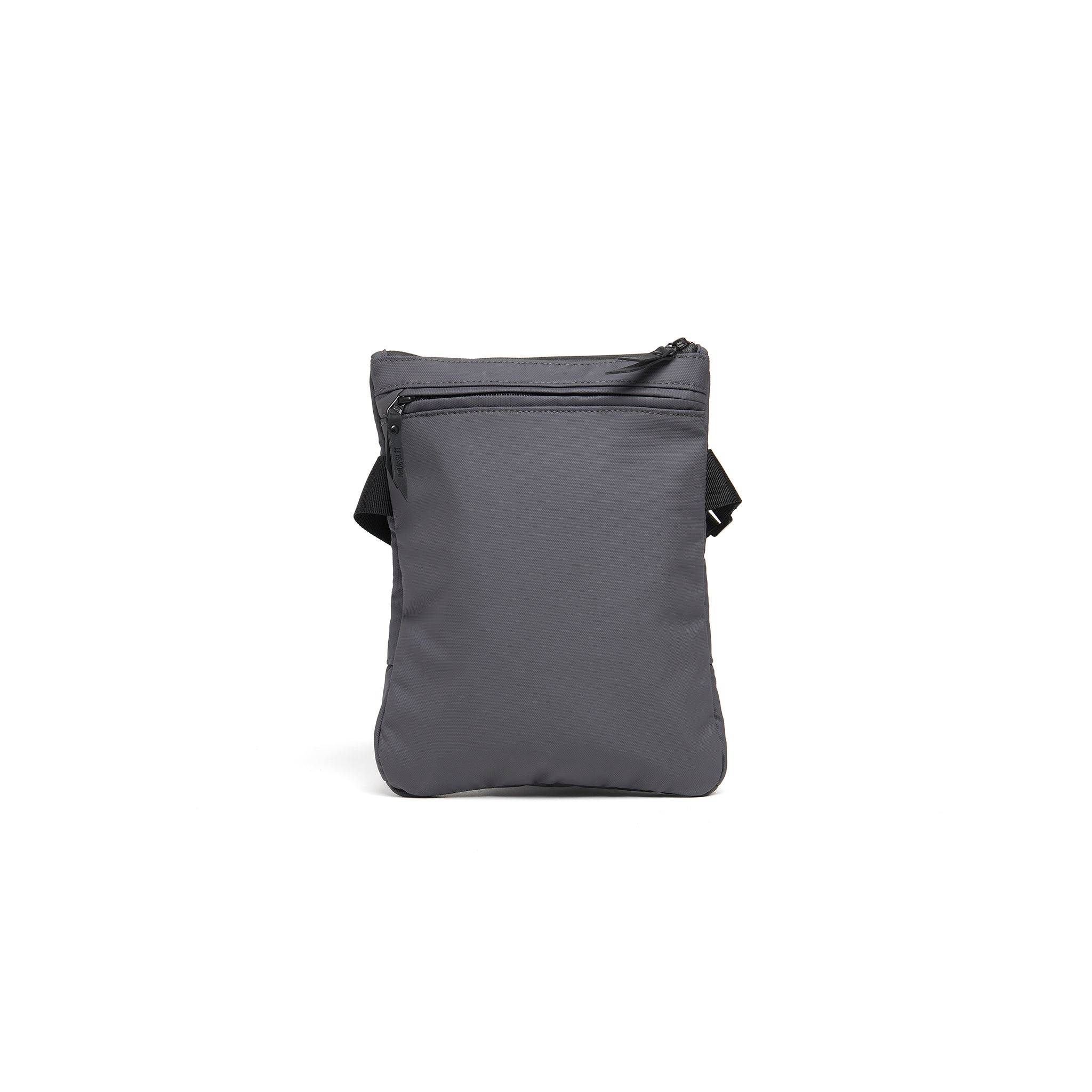 Mueslii crossbody, made of PU coated waterproof nylon, color grey, back view.