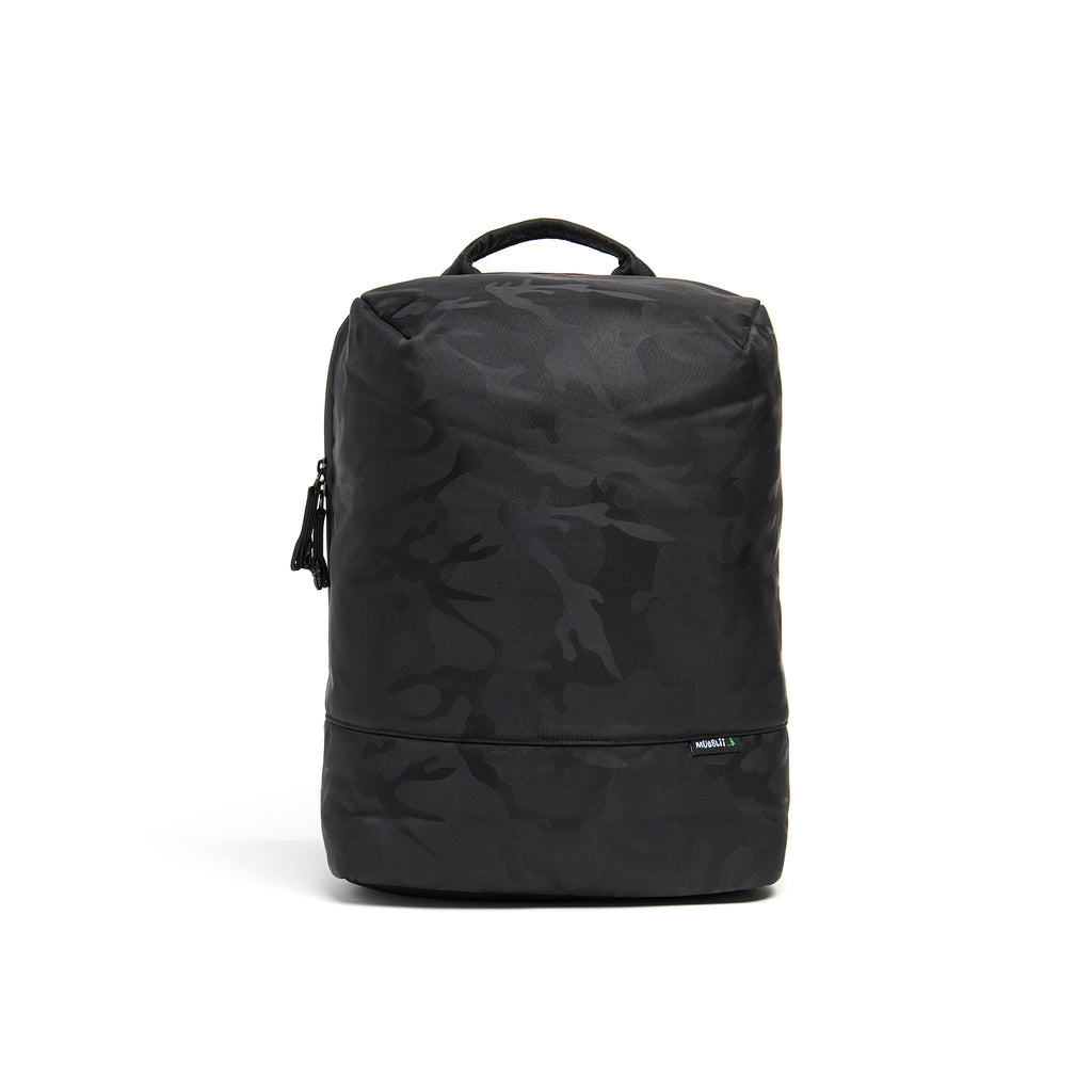Mueslii travel backpack, made of waterproof jacquard nylon, camouflage pattern, with a laptop compartment, color black, front view.