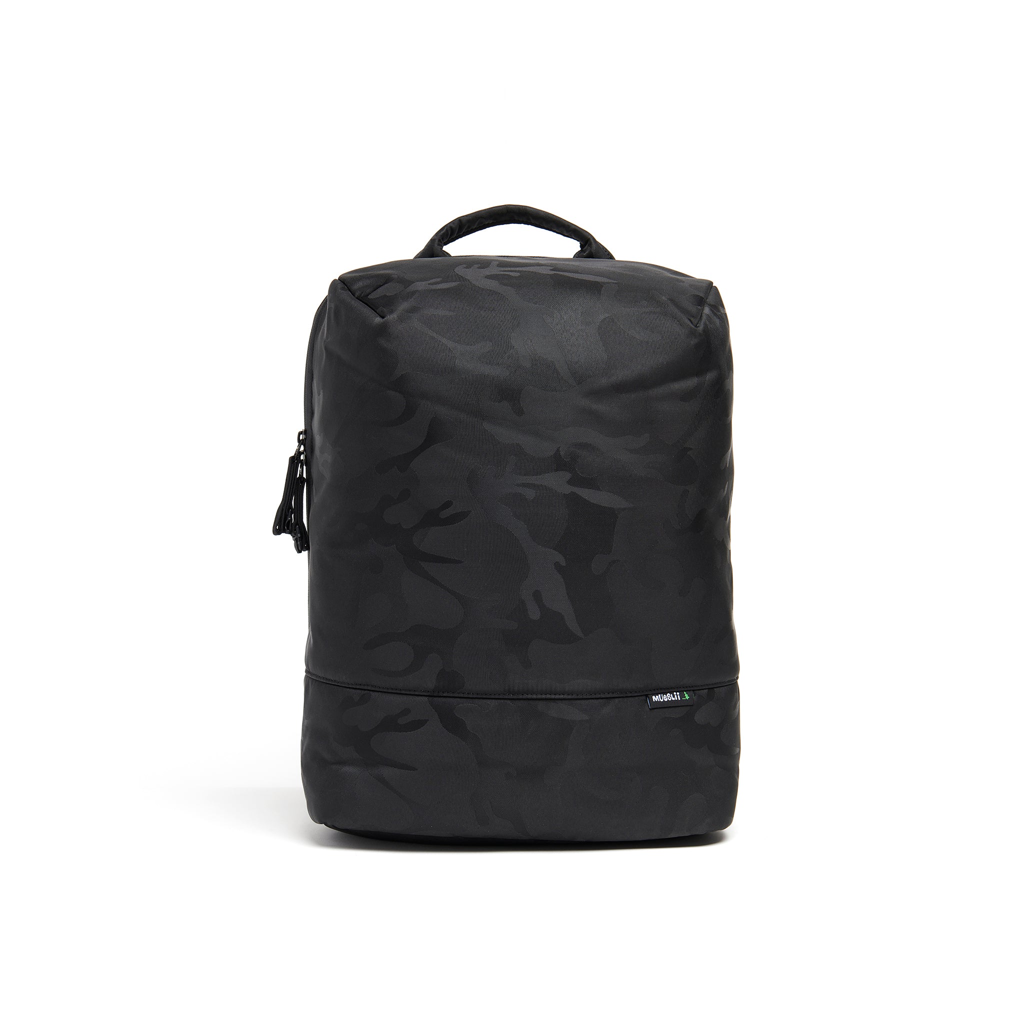 Mueslii travel backpack, made of waterproof jacquard nylon, camouflage pattern, with a laptop compartment, color black, front view.