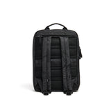 Mueslii travel backpack, made of waterproof jacquard nylon, camouflage pattern, with a laptop compartment, color black, back view.
