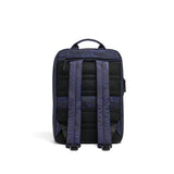Mueslii travel backpack, made of waterproof jacquard nylon, camouflage pattern, with a laptop compartment, color blue, back view.