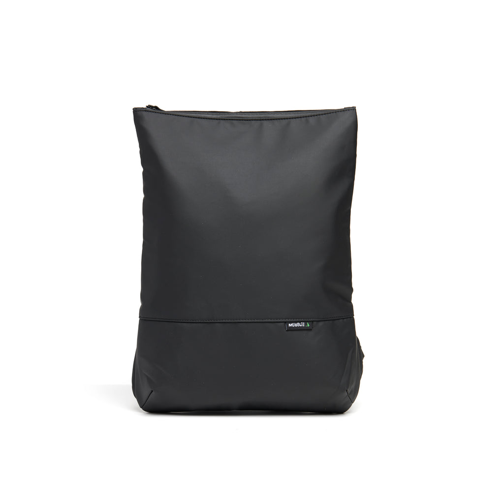 Mueslii light pack,  made of PU coated waterproof nylon, color black, front view.