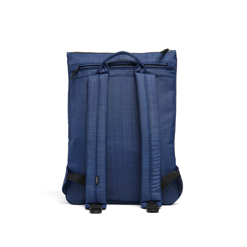 Mueslii light backpack, made of water resistant canvas nylon, with a laptop compartment, color ocean blue, back view.