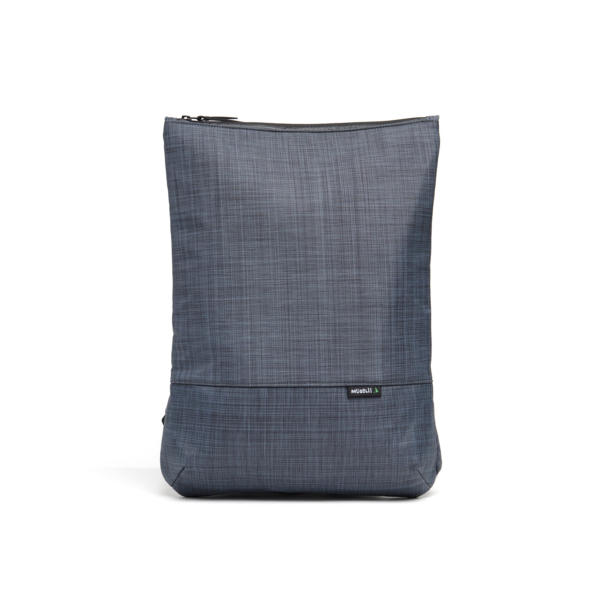 Mueslii light backpack, made of water resistant canvas nylon, with a laptop compartment, color slate grey, front view.