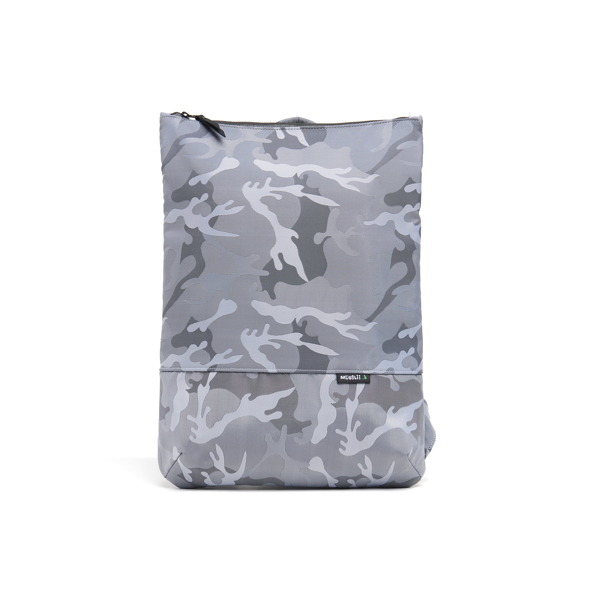Mueslii light backpack, made of jacquard  waterproof nylon, with a laptop compartment, pattern camouflage, color silver, front view.