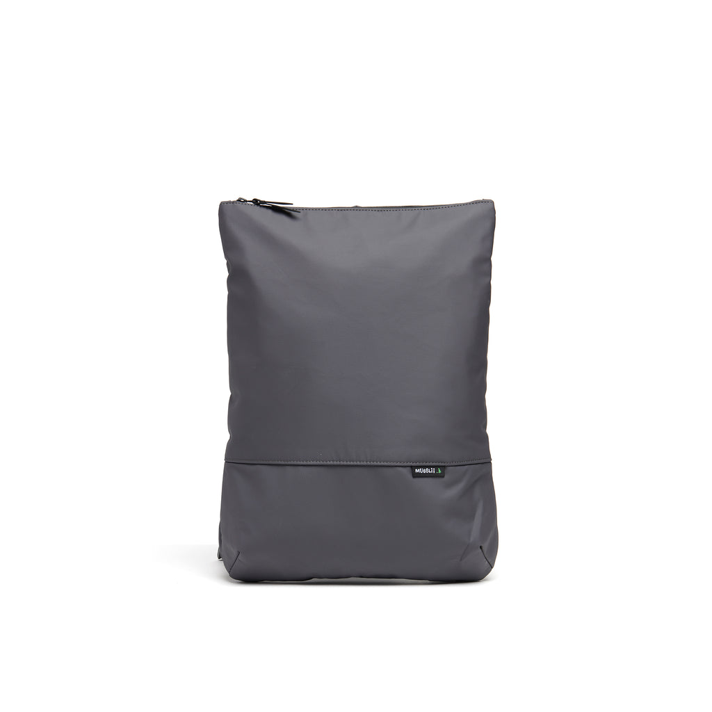 Mueslii light backpack,  made of PU coated waterproof nylon, with a laptop compartment, color slate grey, front view.