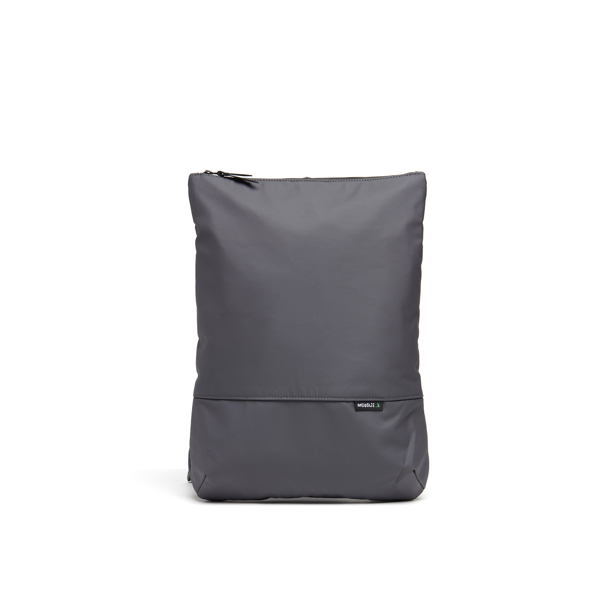 Mueslii light backpack,  made of PU coated waterproof nylon, with a laptop compartment, color slate grey, front view.