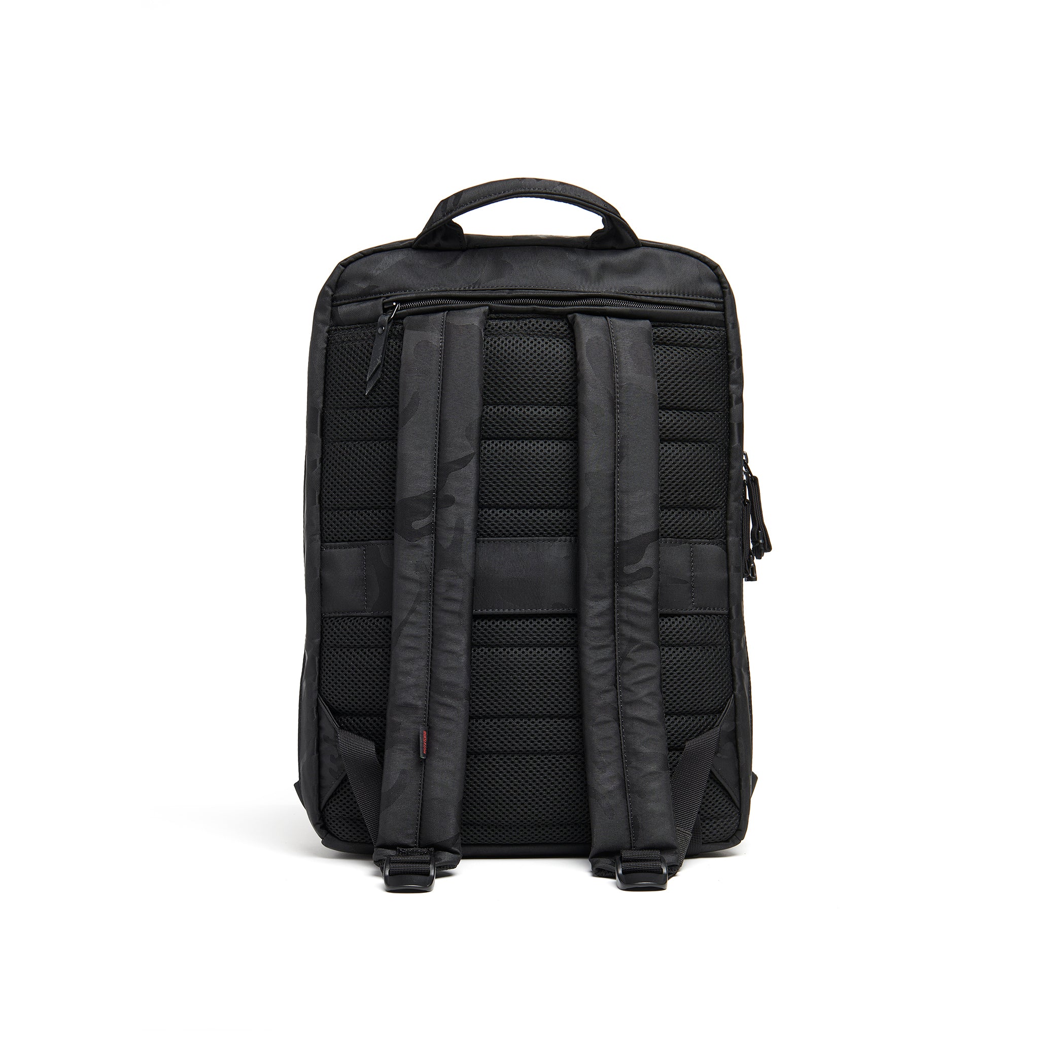 Mueslii daily backpack, made of jacquard  waterproof nylon, camouflage pattern, with a laptop compartment, color black, back view.