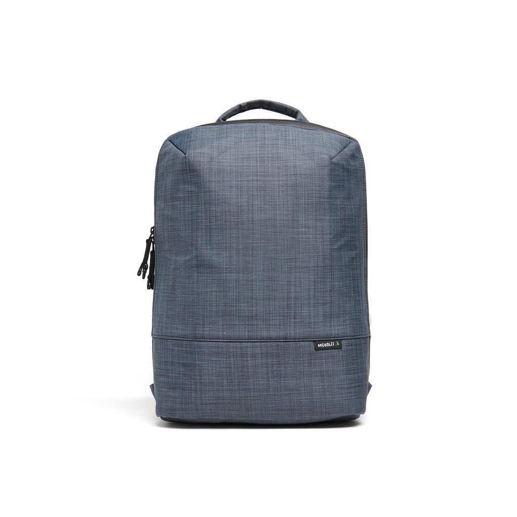 Mueslii daily backpack, made of  water resistant canvas nylon, with a laptop compartment, color slate grey, front view.