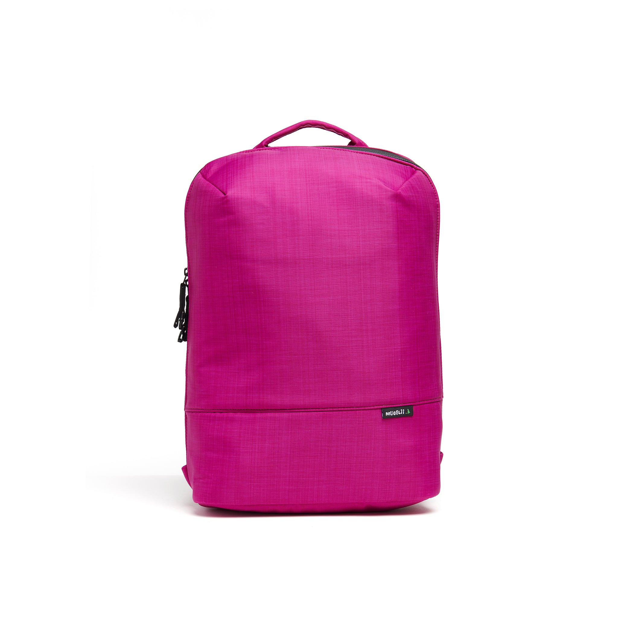 Mueslii daily backpack, made of  water resistant canvas nylon, with a laptop compartment, color fuchsia, front view.