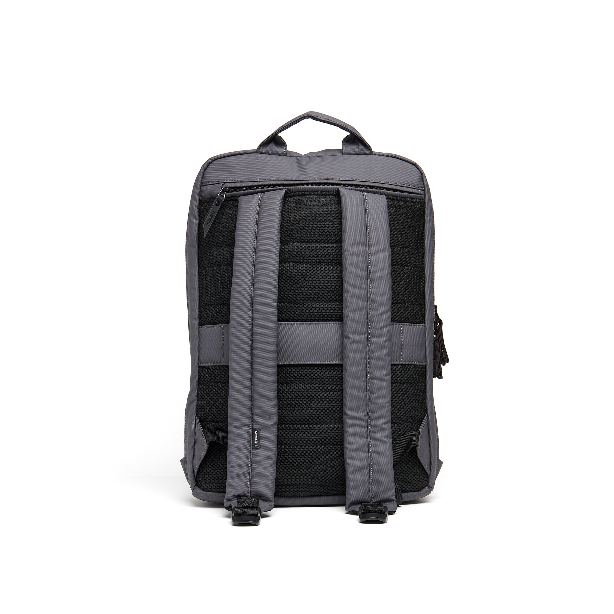 Mueslii daily backpack, made of PU coated waterproof nylon, with a laptop compartment, color grey, side view.