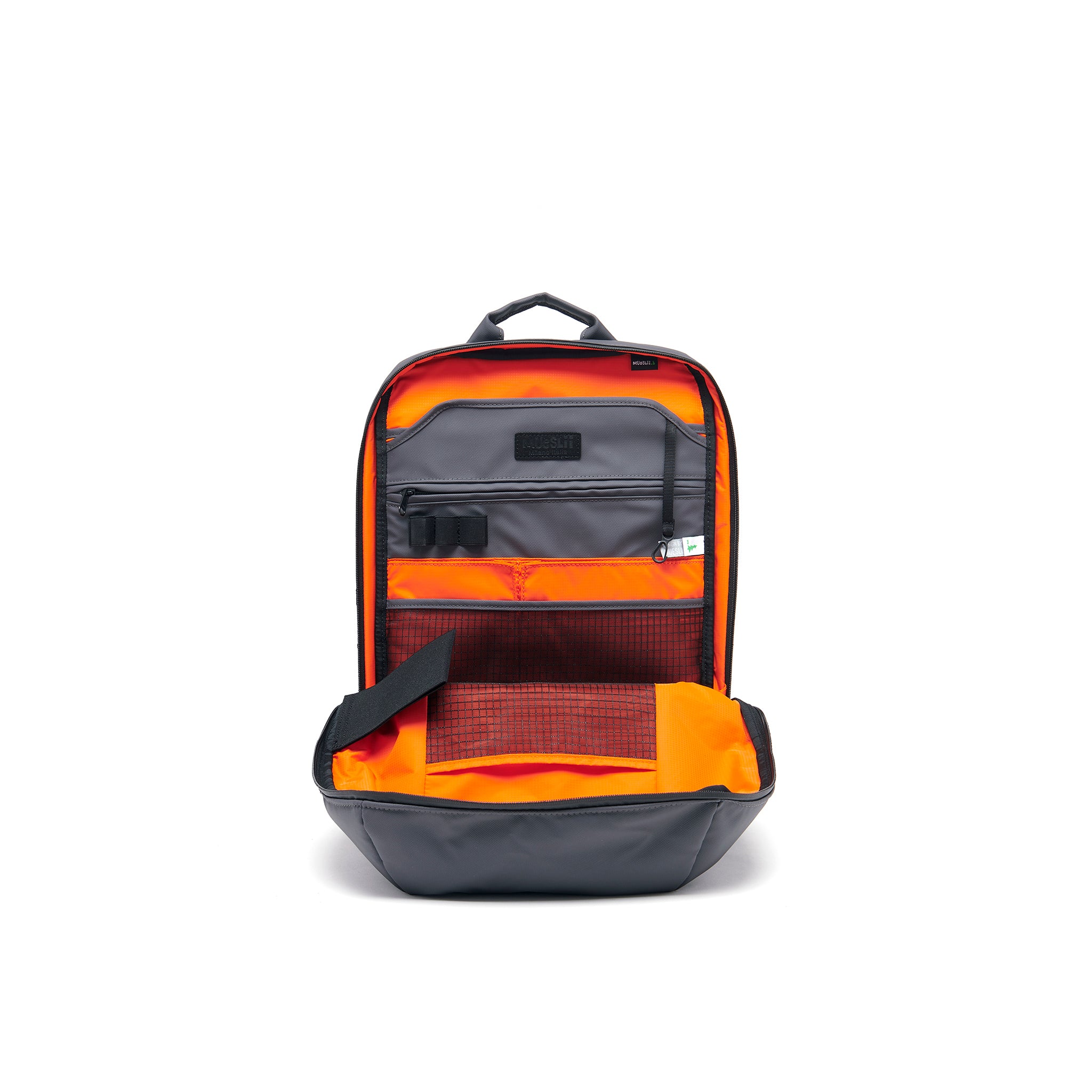 Mueslii daily backpack, made of PU coated waterproof nylon, with a laptop compartment, color grey, inside view.