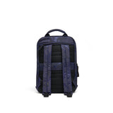 Mueslii small backpack, made of jacquard  waterproof nylon, camouflage pattern, with a laptop compartment, color blue, back view.