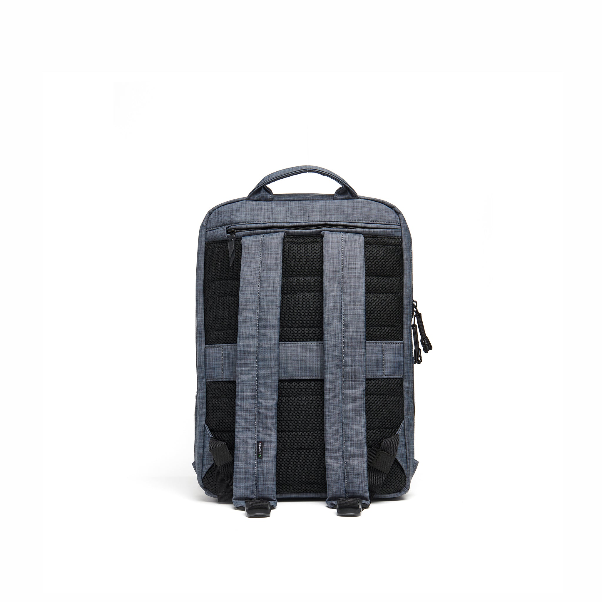 Mueslii small backpack,  made of  water resistant canvas nylon,  with a laptop compartment, color slate grey, back view.