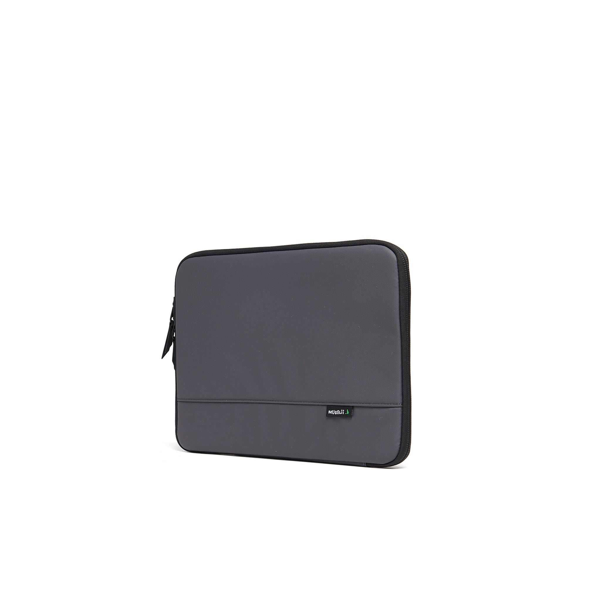 Mueslii A4 document- tech holder,  made of PU coated waterproof nylon, color slate grey, side view.