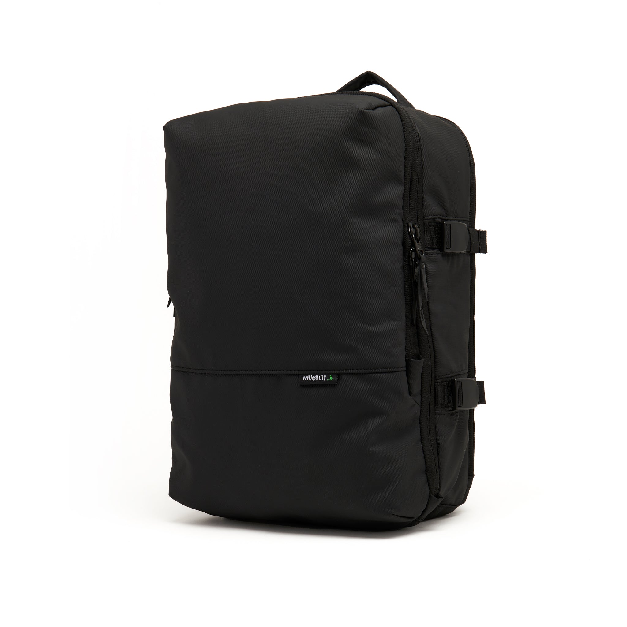 Mueslii travel backpack, made of PU coated waterproof nylon, color black, side view.