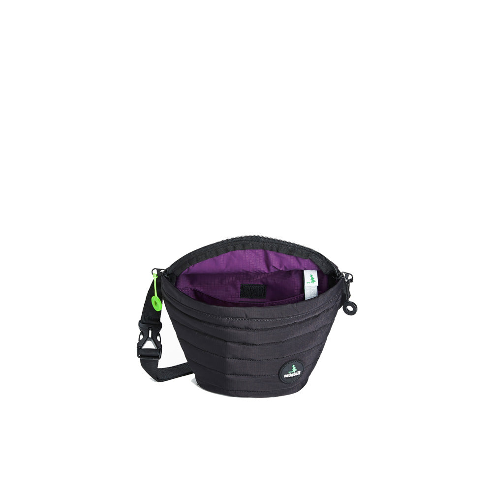 Mueslii puffer waist bag, made of high density nylon and Ykk zips, color , high tech black, medium size, inside view.
