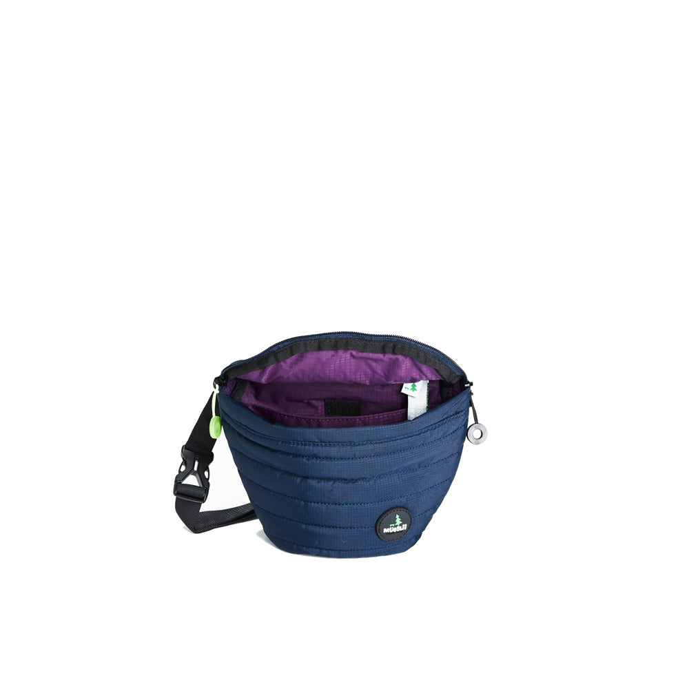 Mueslii puffer waist bag, made of high density nylon and Ykk zips, color high tech blue, inside view.