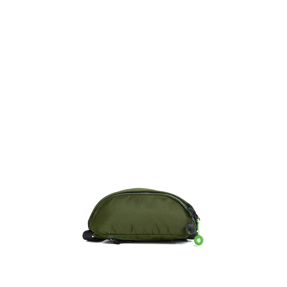 Mueslii puffer waist bag, made of high density nylon and Ykk zips, color high tech green, extra security pocket.