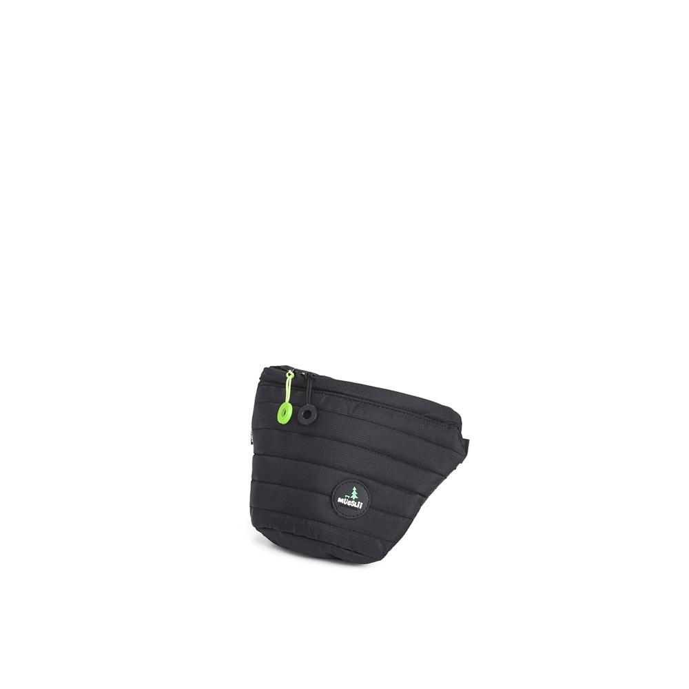 Mueslii puffer waist bag, small size, made of high density nylon and Ykk zips, color pitch black, small size.