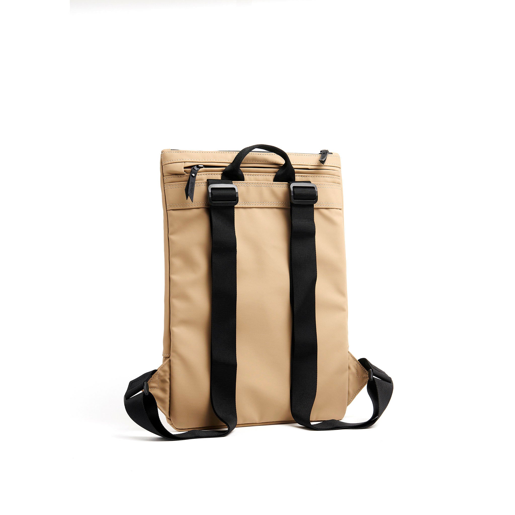 Mueslii light backpack,  made of PU coated waterproof nylon, with a laptop compartment, color sand, back view.