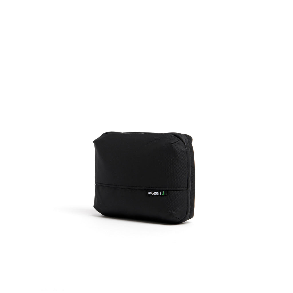 Mueslii tech case, made of PU coated waterproof nylon, color black, side view.