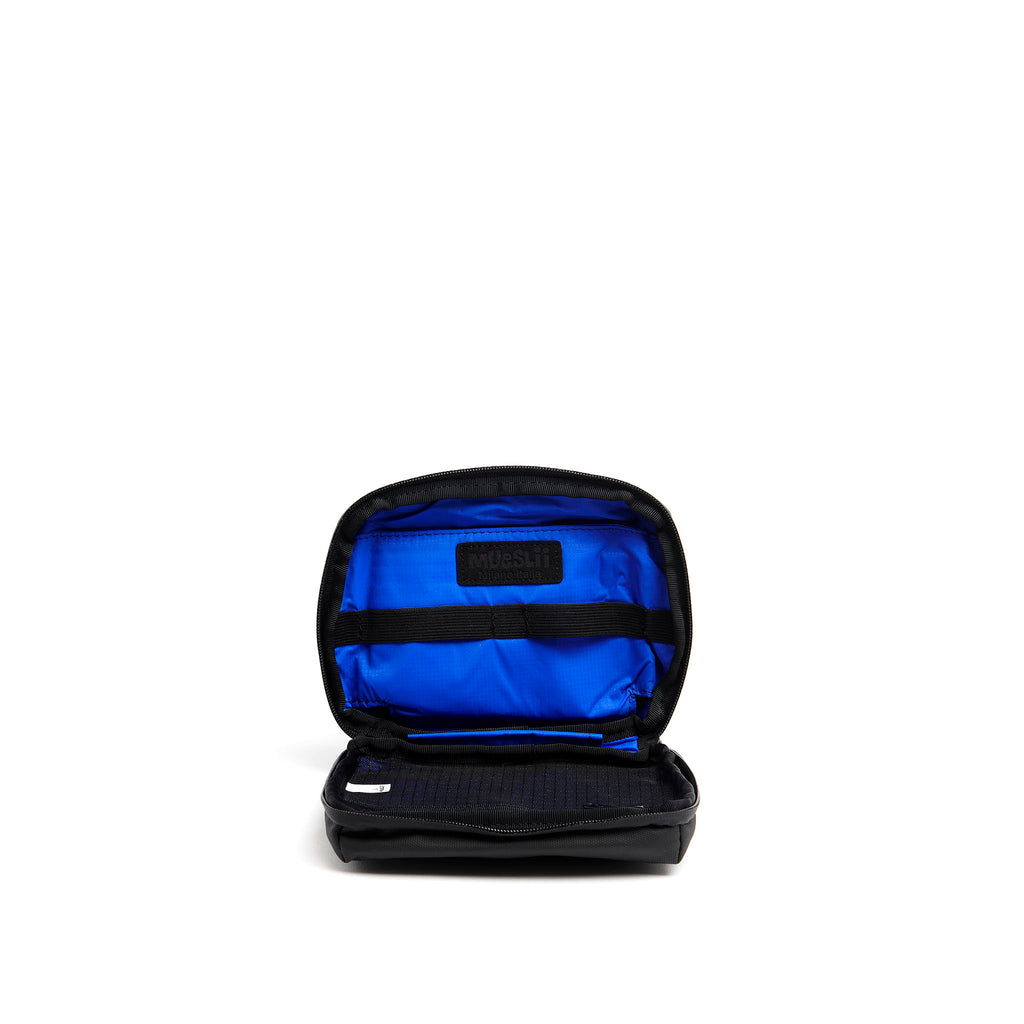 Mueslii tech case, made of PU coated waterproof nylon, color black, inside view.