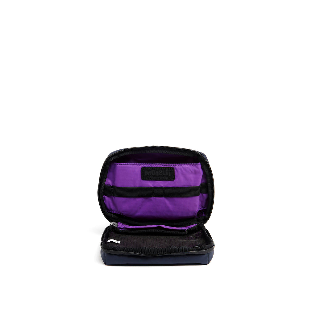 Mueslii tech case, made of PU coated waterproof nylon, color blue, inside view.