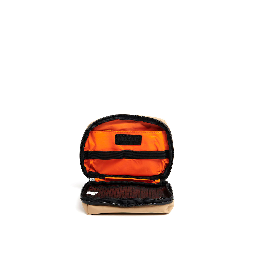 Mueslii tech case, made of PU coated waterproof nylon, color sand, inside view.