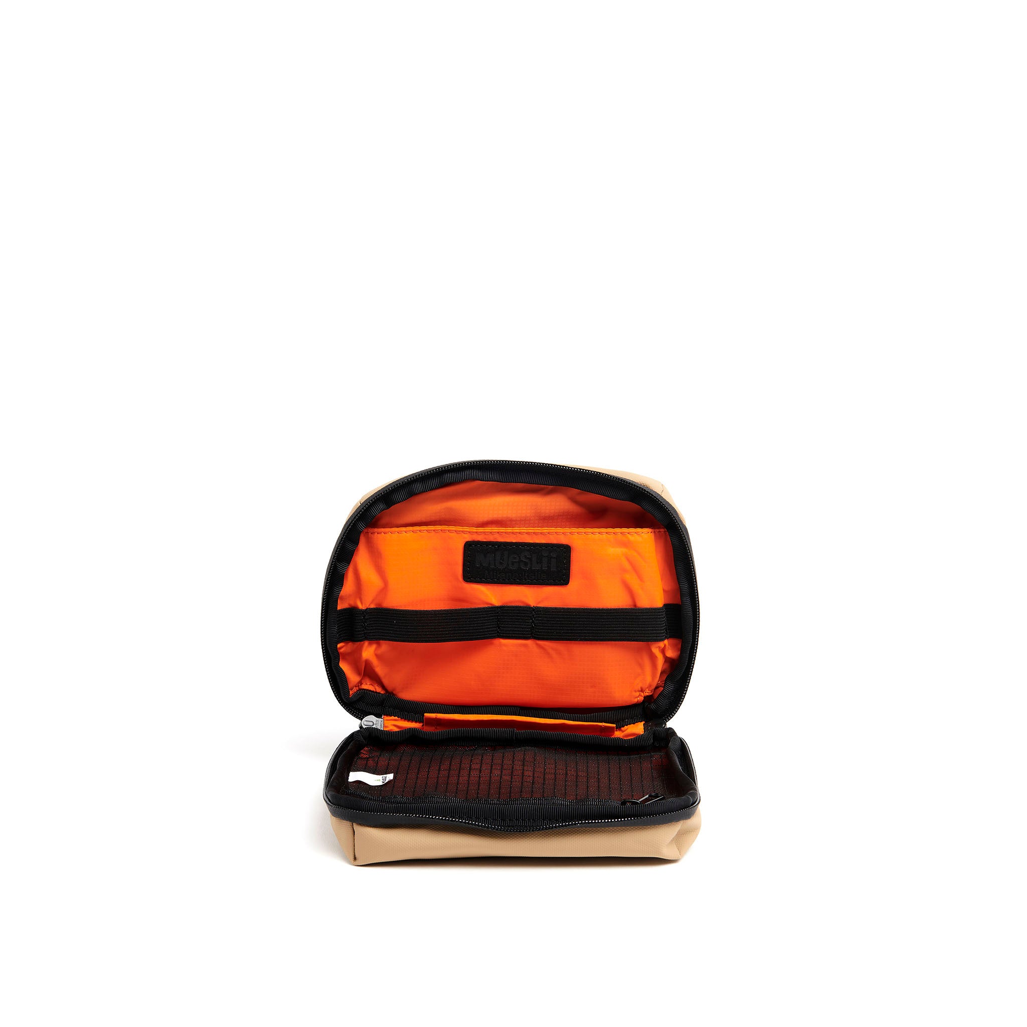 Mueslii tech case, made of PU coated waterproof nylon, color sand, inside view.