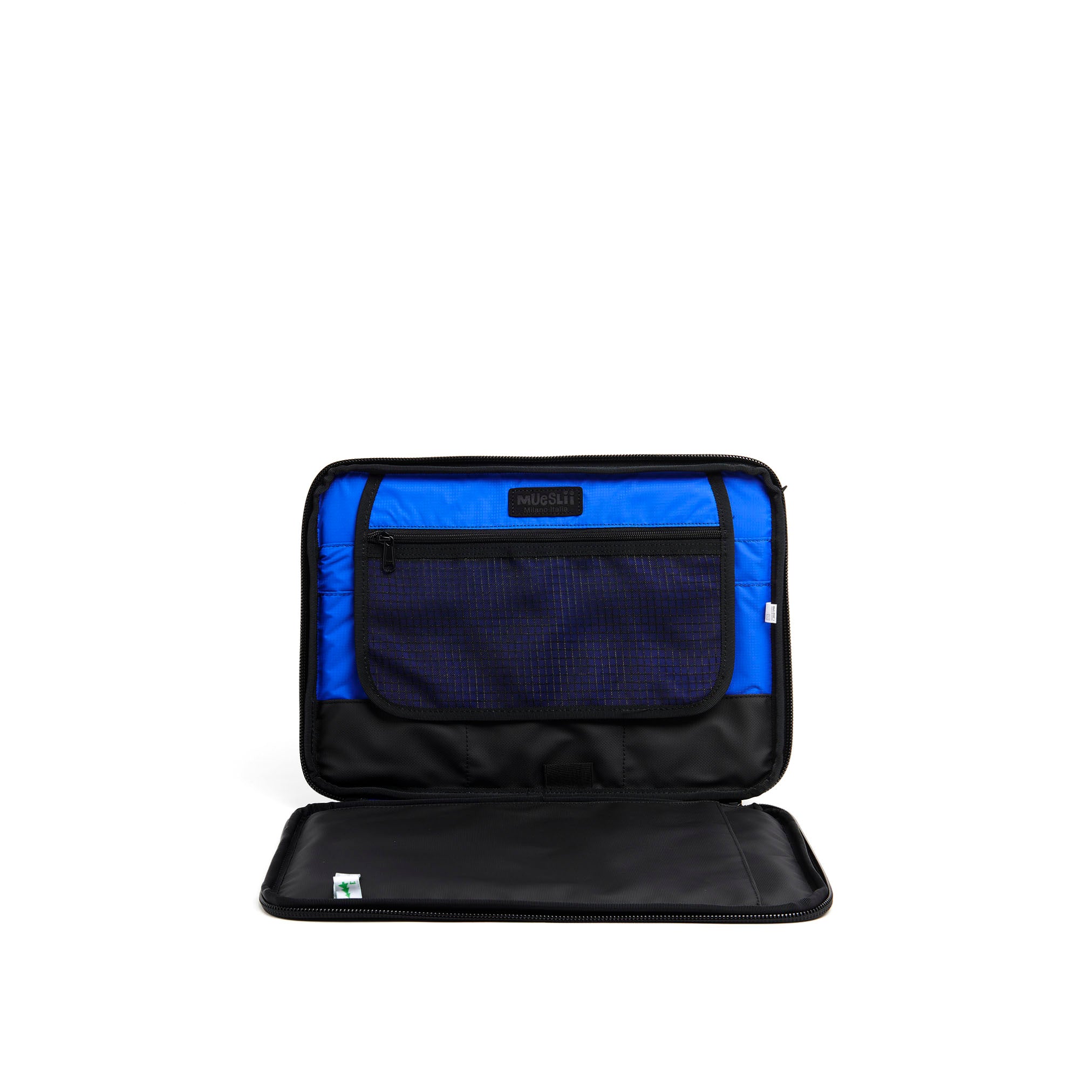 Mueslii A4 document- tech holder,  made of PU coated waterproof nylon, color black, inside view.