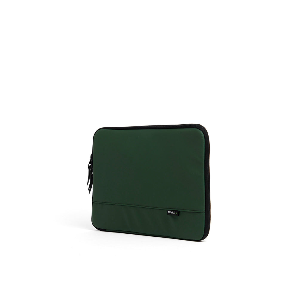 Mueslii A4 document- tech holder,  made of PU coated waterproof nylon, color olive green, side view.