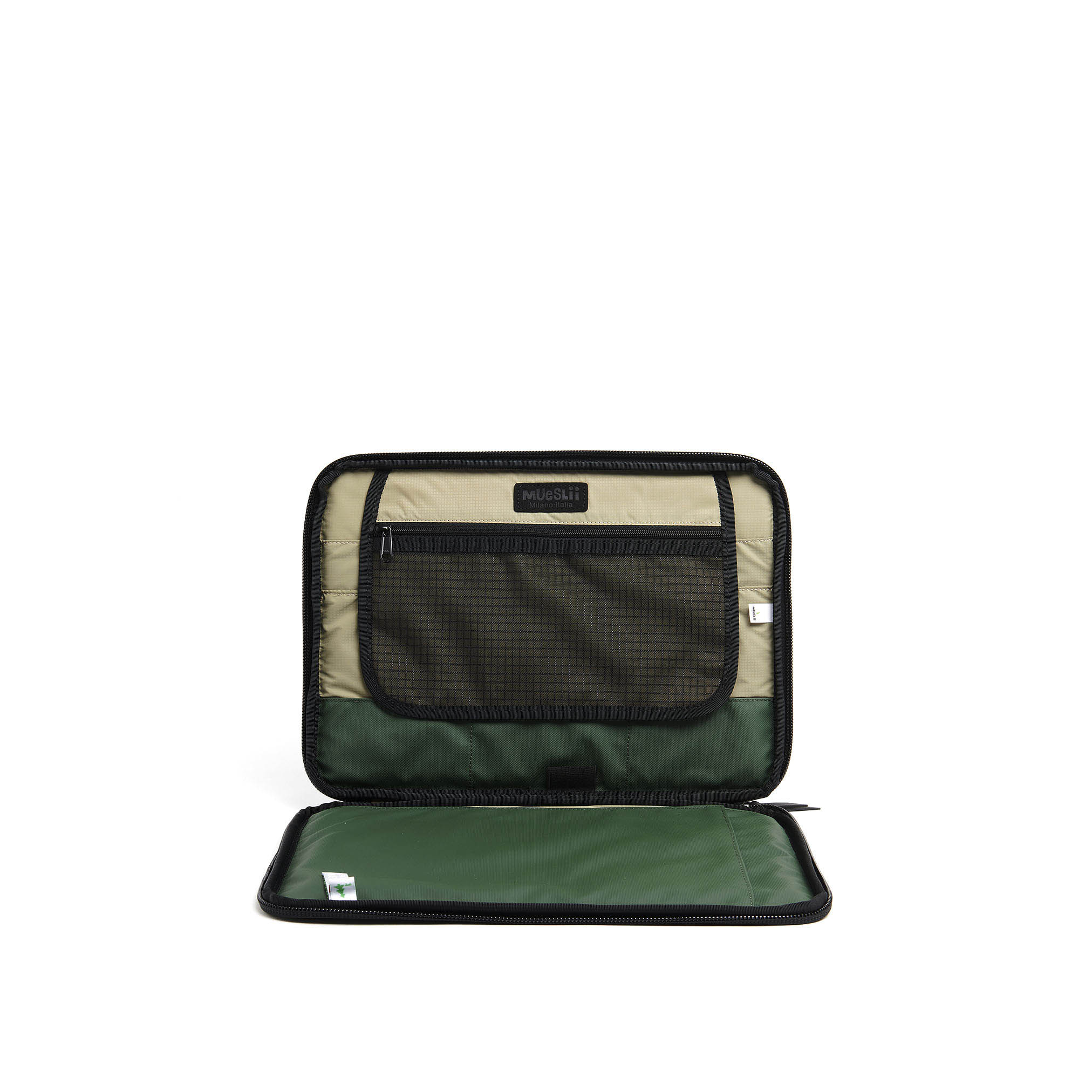 Mueslii A4 document- tech holder,  made of PU coated waterproof nylon, color olive green, inside view.