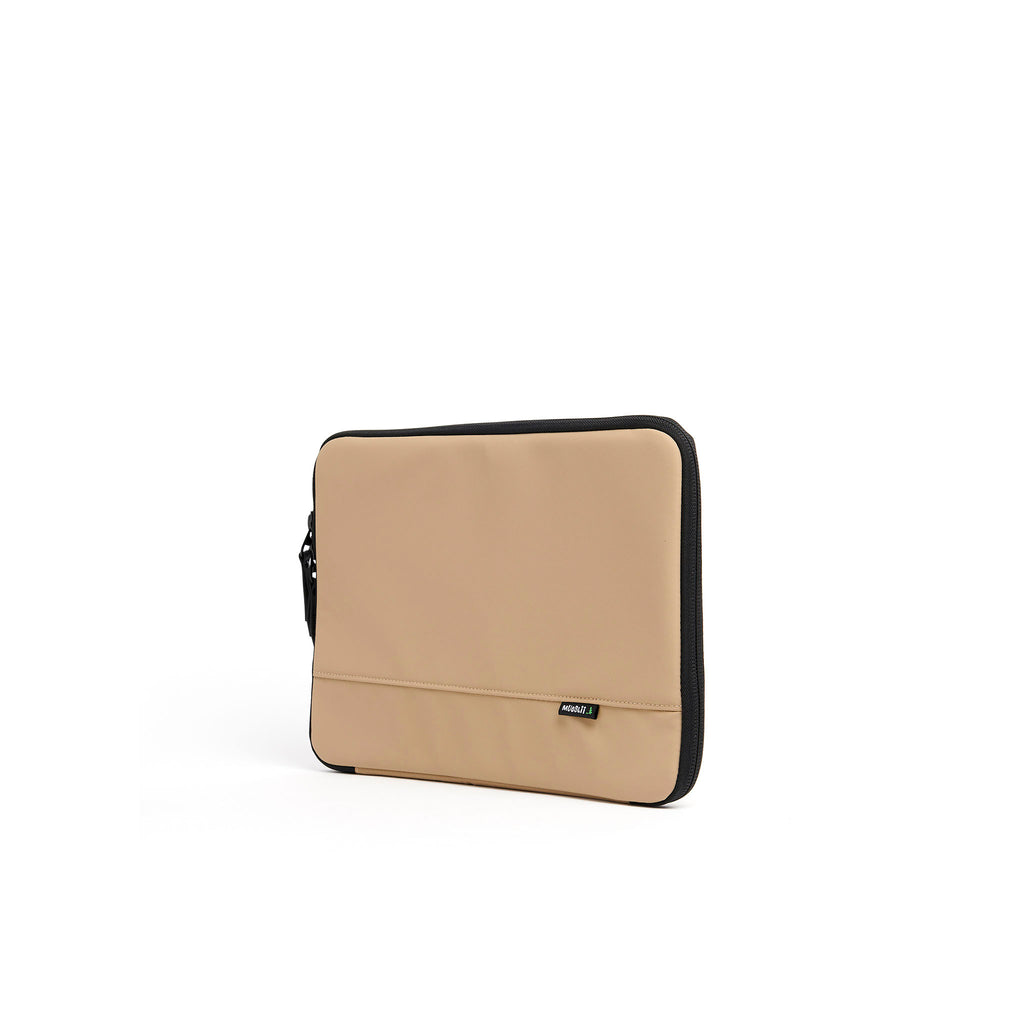 Mueslii A4 document- tech holder,  made of PU coated waterproof nylon, color sand, side view.