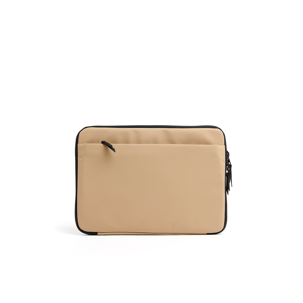 Mueslii A4 document- tech holder,  made of PU coated waterproof nylon, color sand, back view.