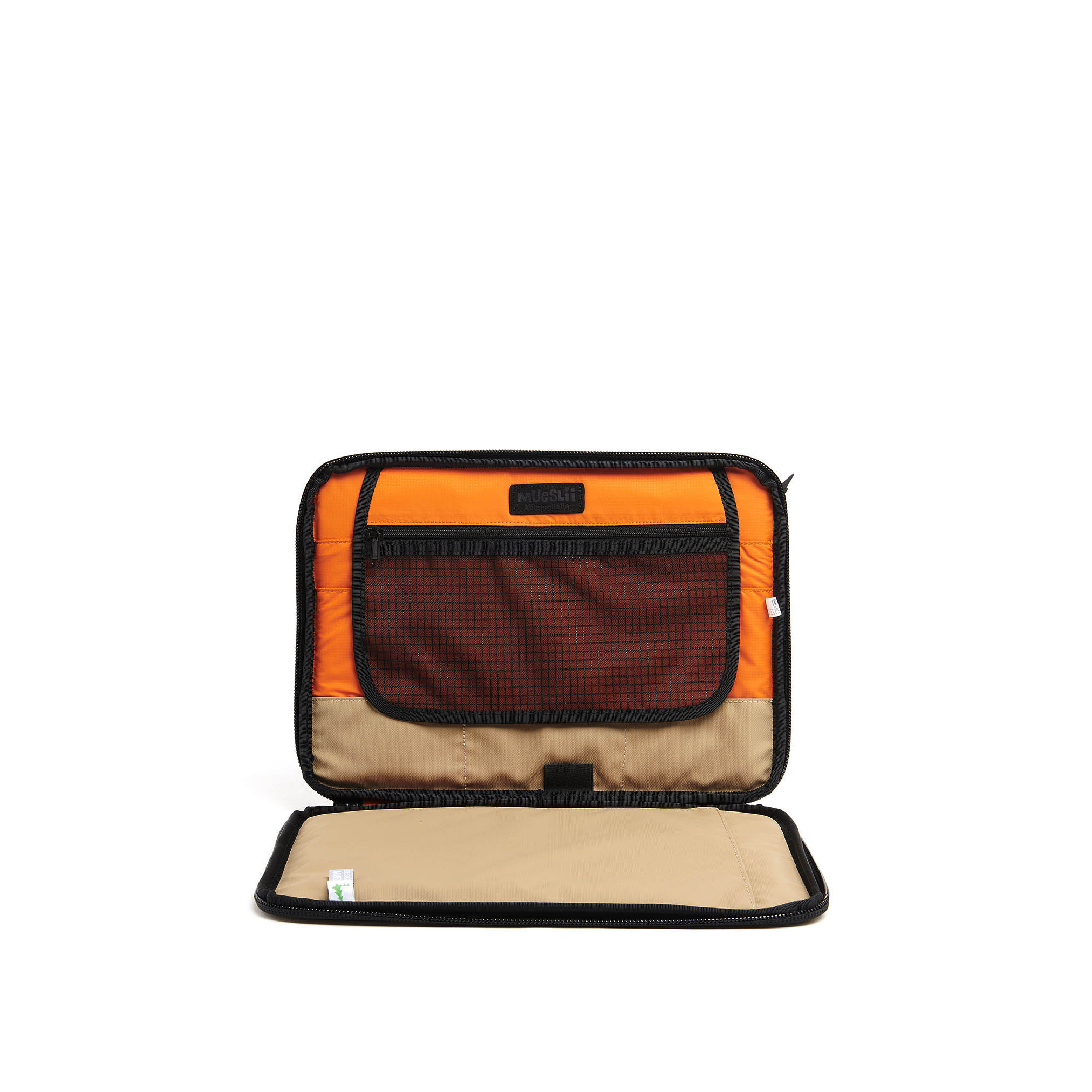 Mueslii A4 document- tech holder,  made of PU coated waterproof nylon, color sand, inside view.