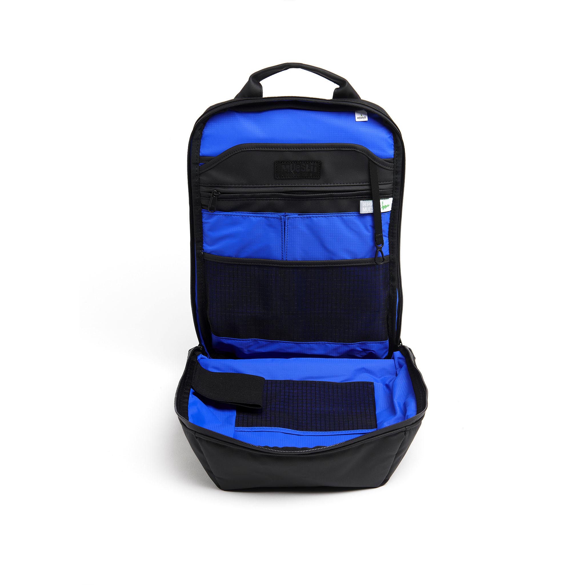 Mueslii travel backpack, made of PU coated waterproof nylon, with a laptop compartment, color black, inside view.