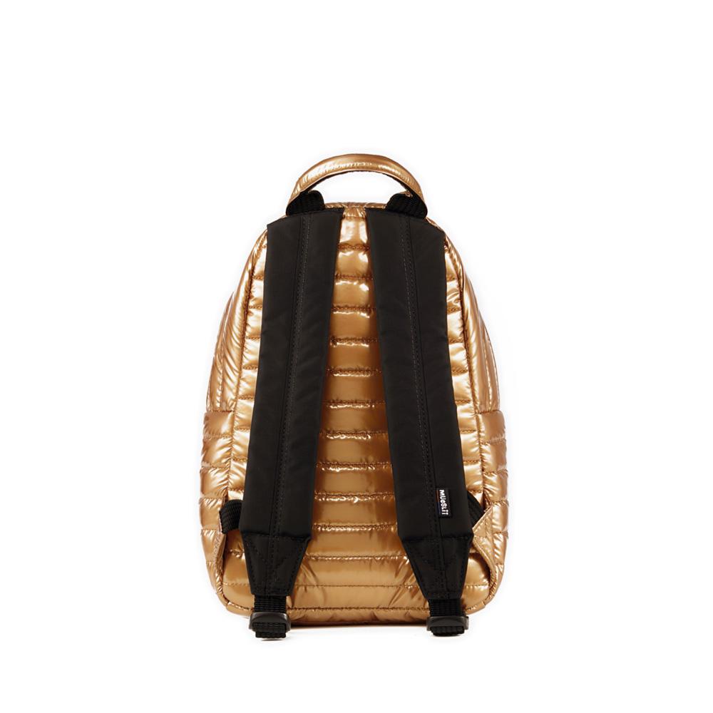 Mueslii original puffer medium and small backpack made of metal coated nylon and Ykk zips, color gold, back view.