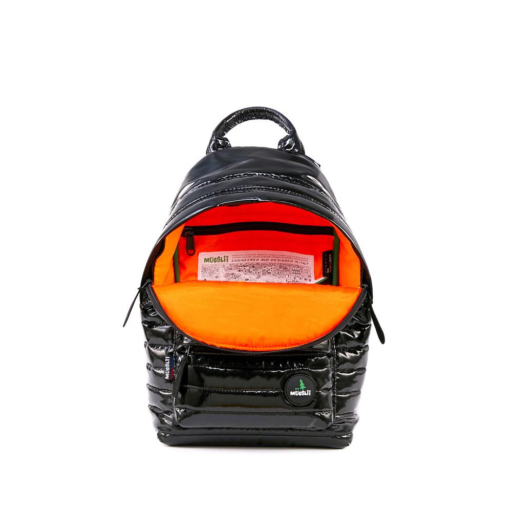 Mueslii original puffer medium and small backpack made of metal coated nylon and Ykk zips, color metal black, inside view.