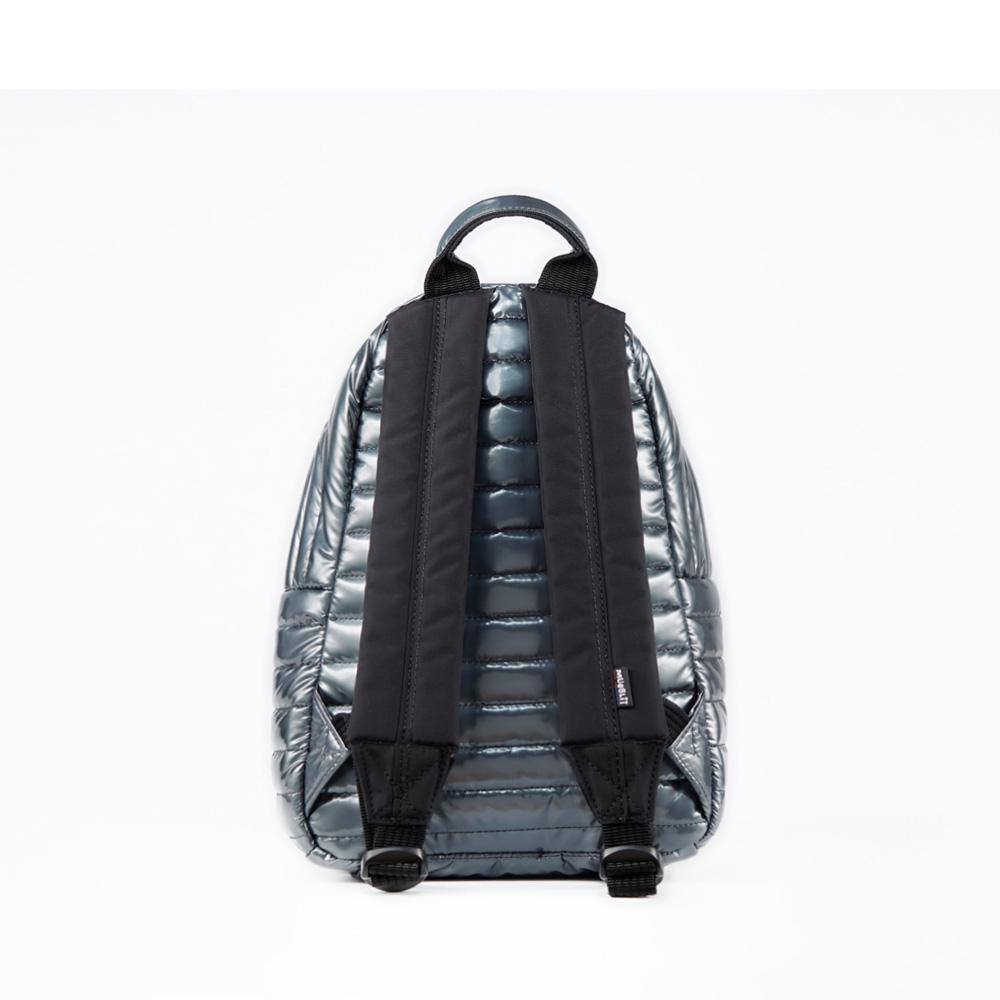 Mueslii original puffer medium and small backpack made of metal coated nylon and Ykk zips, color stone coal grey, back view.