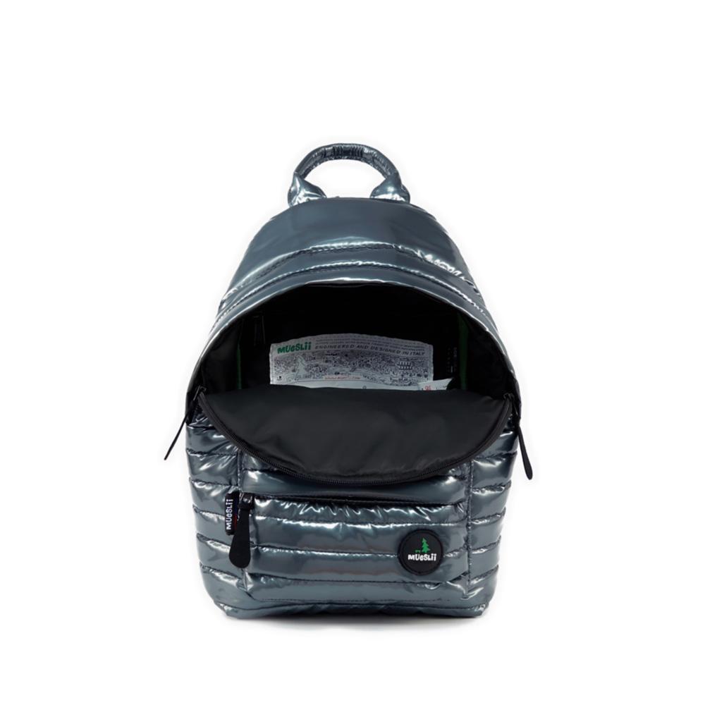 Mueslii original puffer medium and small backpack made of metal coated nylon and Ykk zips, color stone coal grey, inside view.